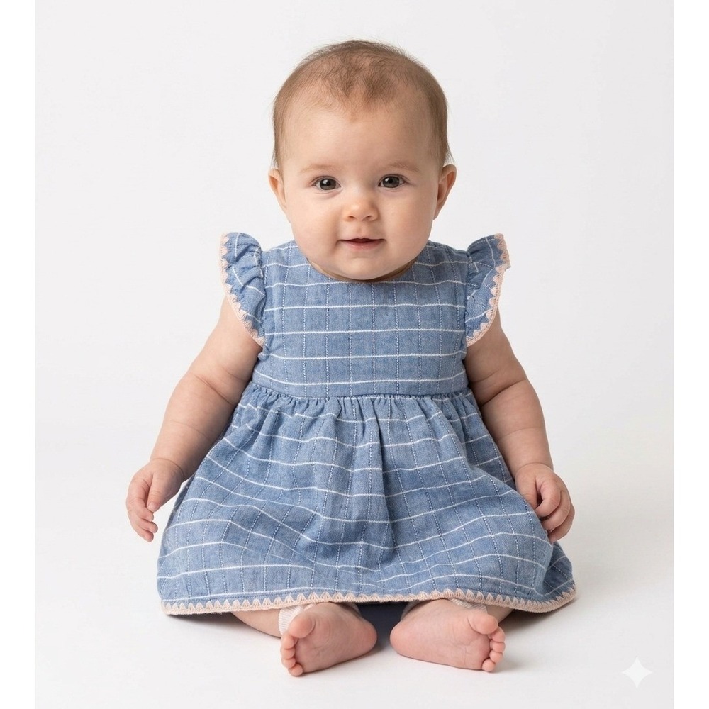 Cat & Jack Baby Girls Blue Plaid Flutter Sleeve Cotton Dress Crochet Trim 0-3M